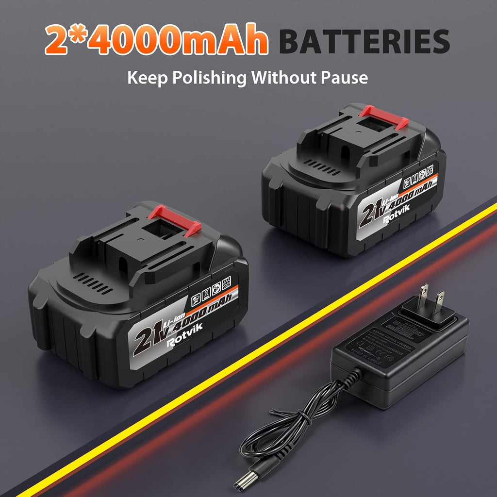 Cordless Car Buffer Polisher Kit, 2x4000mAh 21V Batteries, 6-Inch Orbital Car Polisher, 8 Variable Speeds, LED