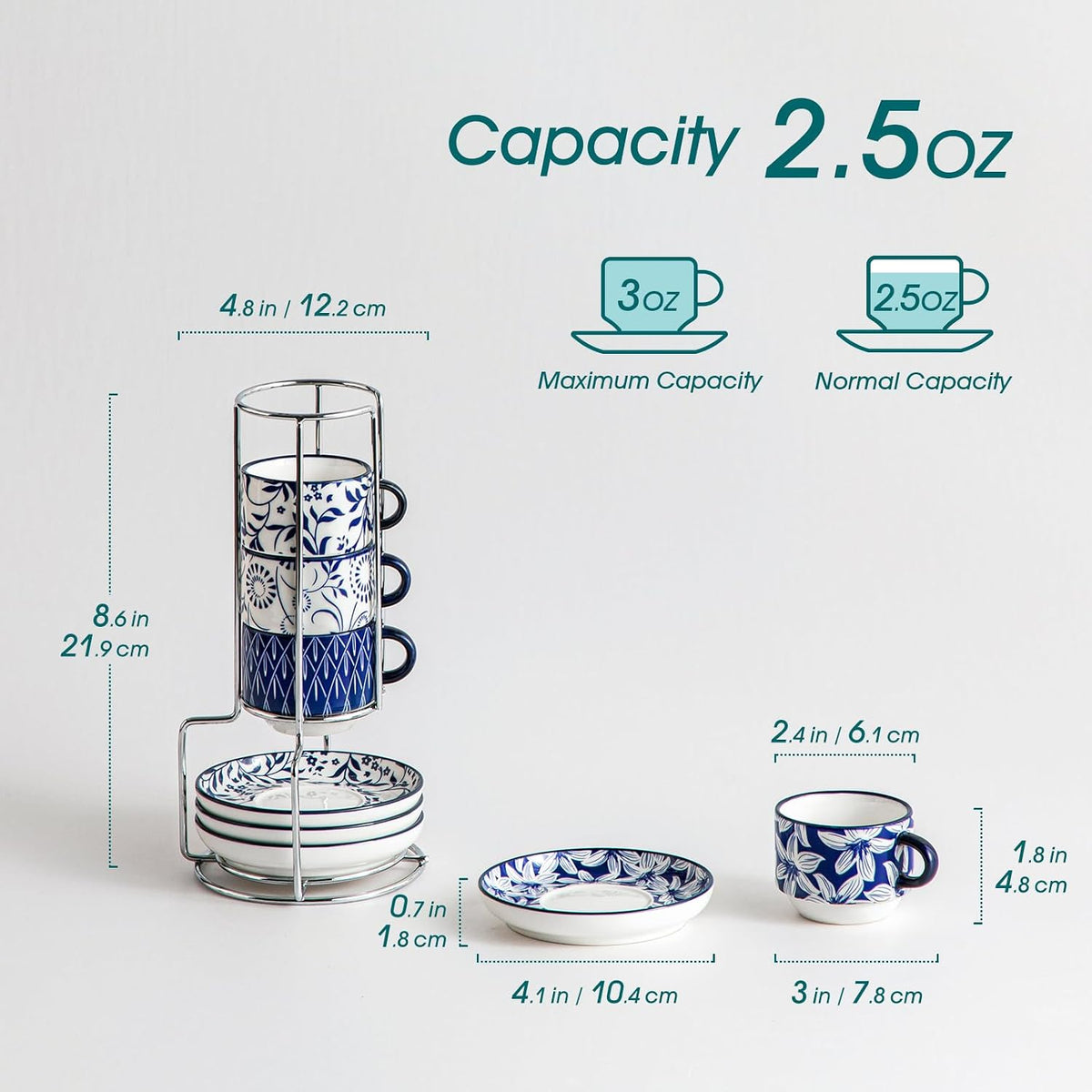 2.5 OZ Espresso Cups Set of 4, Porcelain Stackable Cappuccino Cups