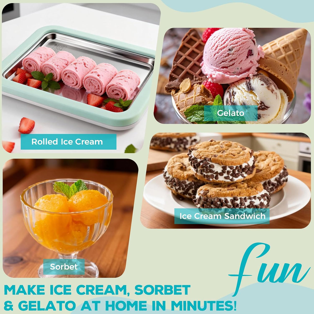 Rolled Ice Cream Maker with Quick Start Guide - DIY Instant Ice Cream Tray Kit, Includes 2 Scrapers for Manual