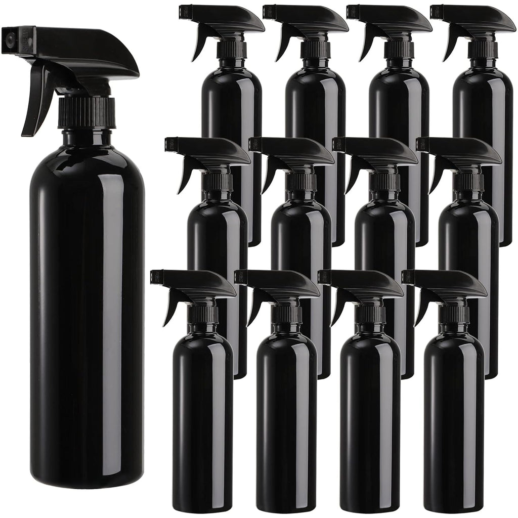 12 Pack Empty Spray Bottles, 16oz Plastic Durable Black Spraying Bottles with Mist and Stream Option, Leak-proof