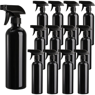 12 Pack Empty Spray Bottles, 16oz Plastic Durable Black Spraying Bottles with Mist and Stream Option, Leak-proof