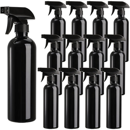 12 Pack Empty Spray Bottles, 16oz Plastic Durable Black Spraying Bottles with Mist and Stream Option, Leak-proof