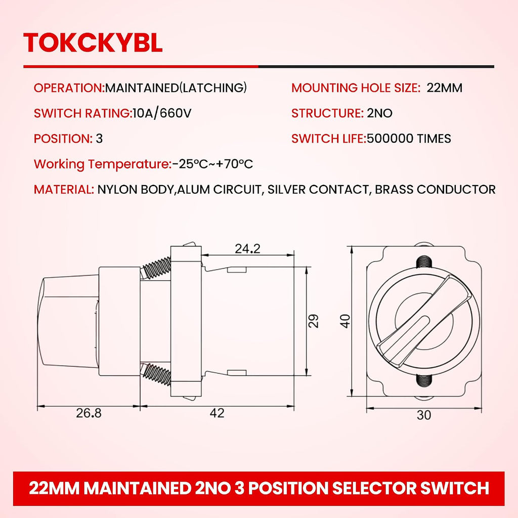 2 Pack 22mm 3 Position Maintained Selector Switch, 2NO 660V 10A