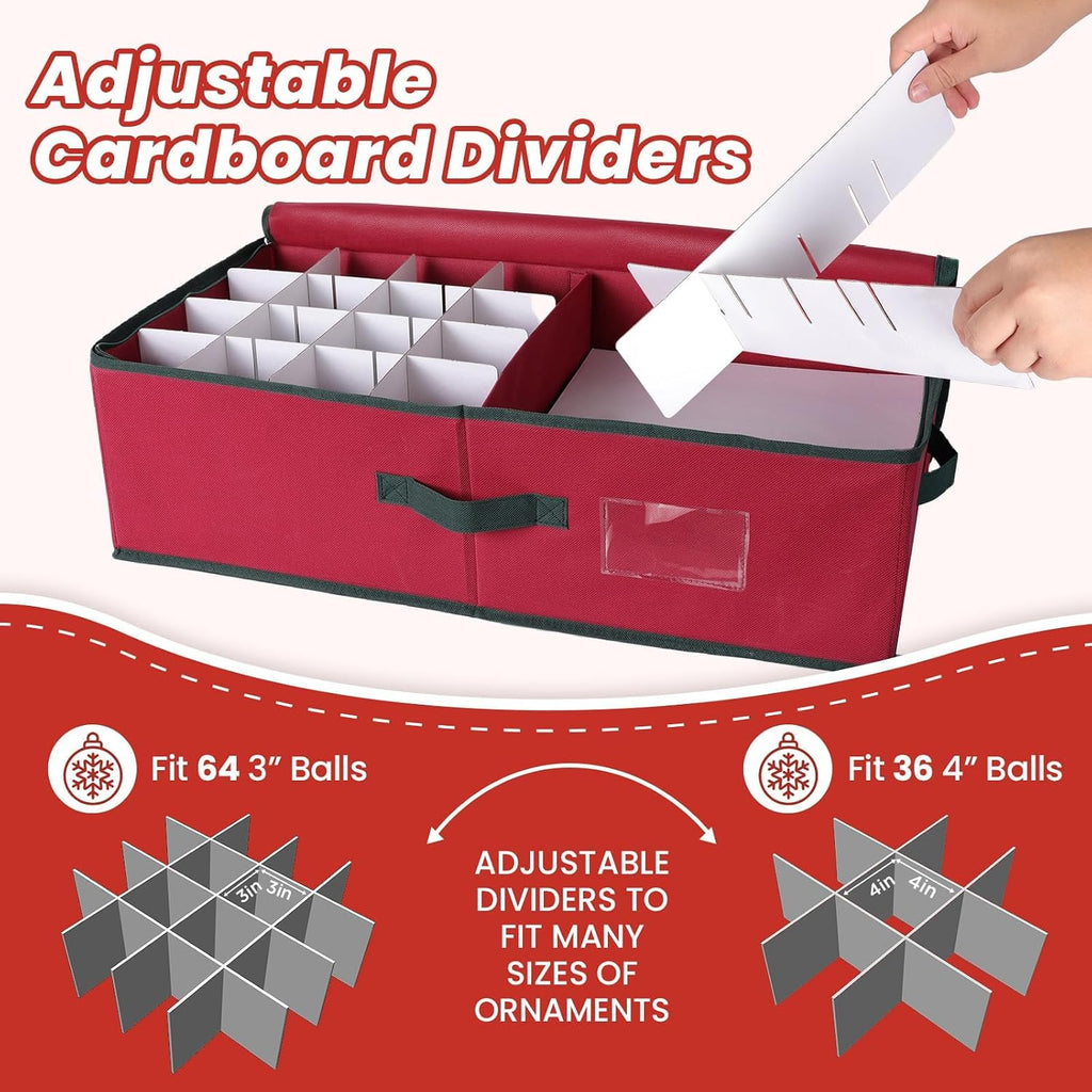 Christmas Ornament Storage Box -Stores Up to 64 3” Balls, Holiday Ornaments Storage with Adjustable Dividers, Visual