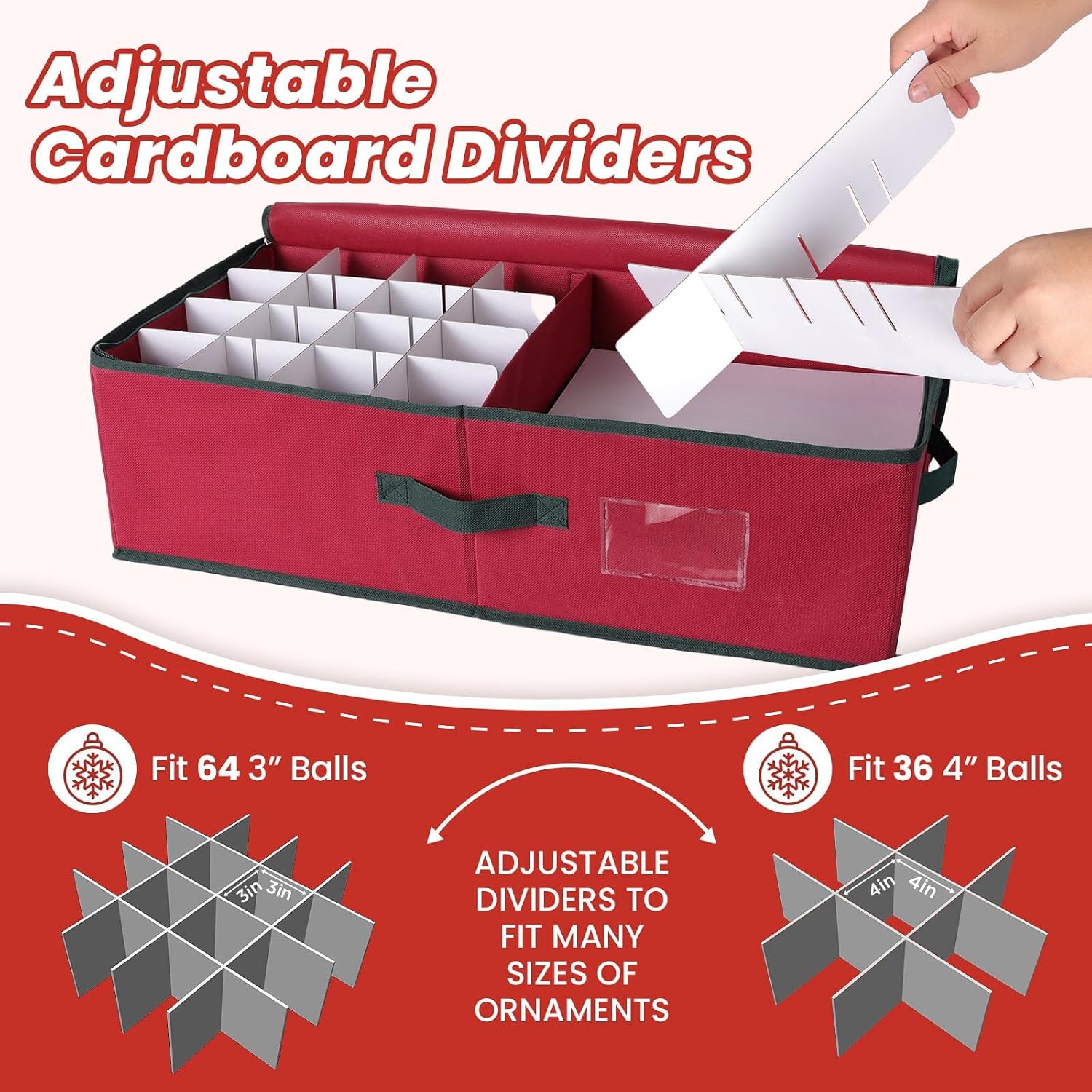 Christmas Ornament Storage Box -Stores Up to 64 3” Balls, Holiday Ornaments Storage with Adjustable Dividers, Visual