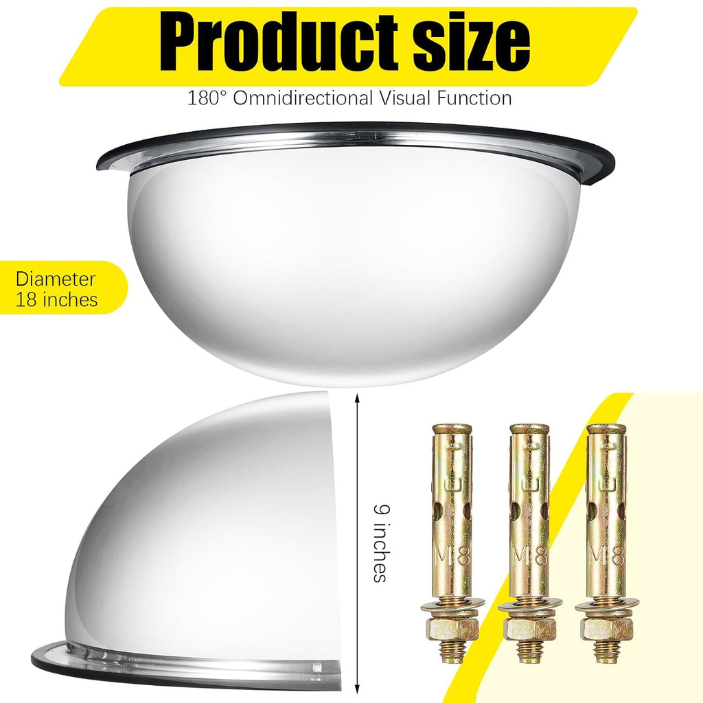 2 Pcs 18" Corner Mirror Blindspot for Wall Safety Security Acrylic Half Dome Convex Mirror Indoor for Ceiling