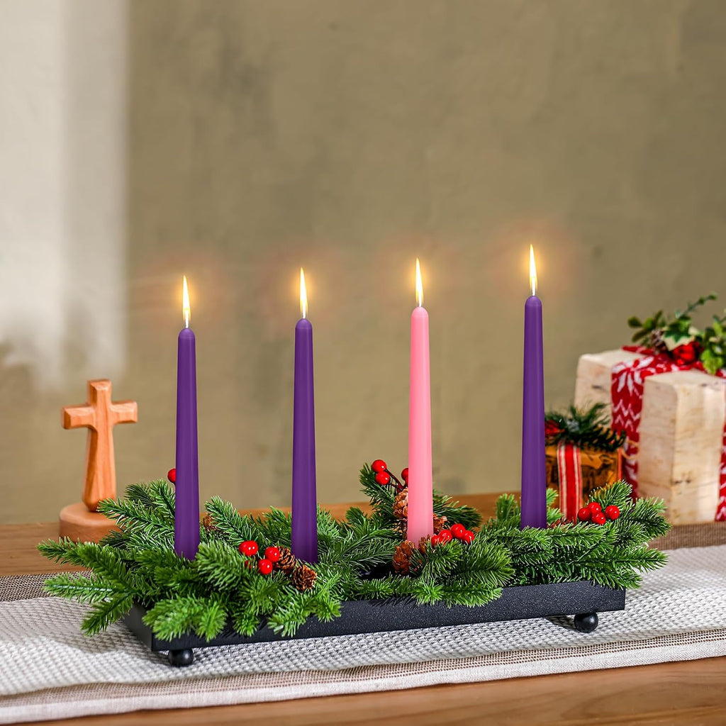 Advent Candle Holder Black Iron Tray 4 Candles 15 Pine Needles