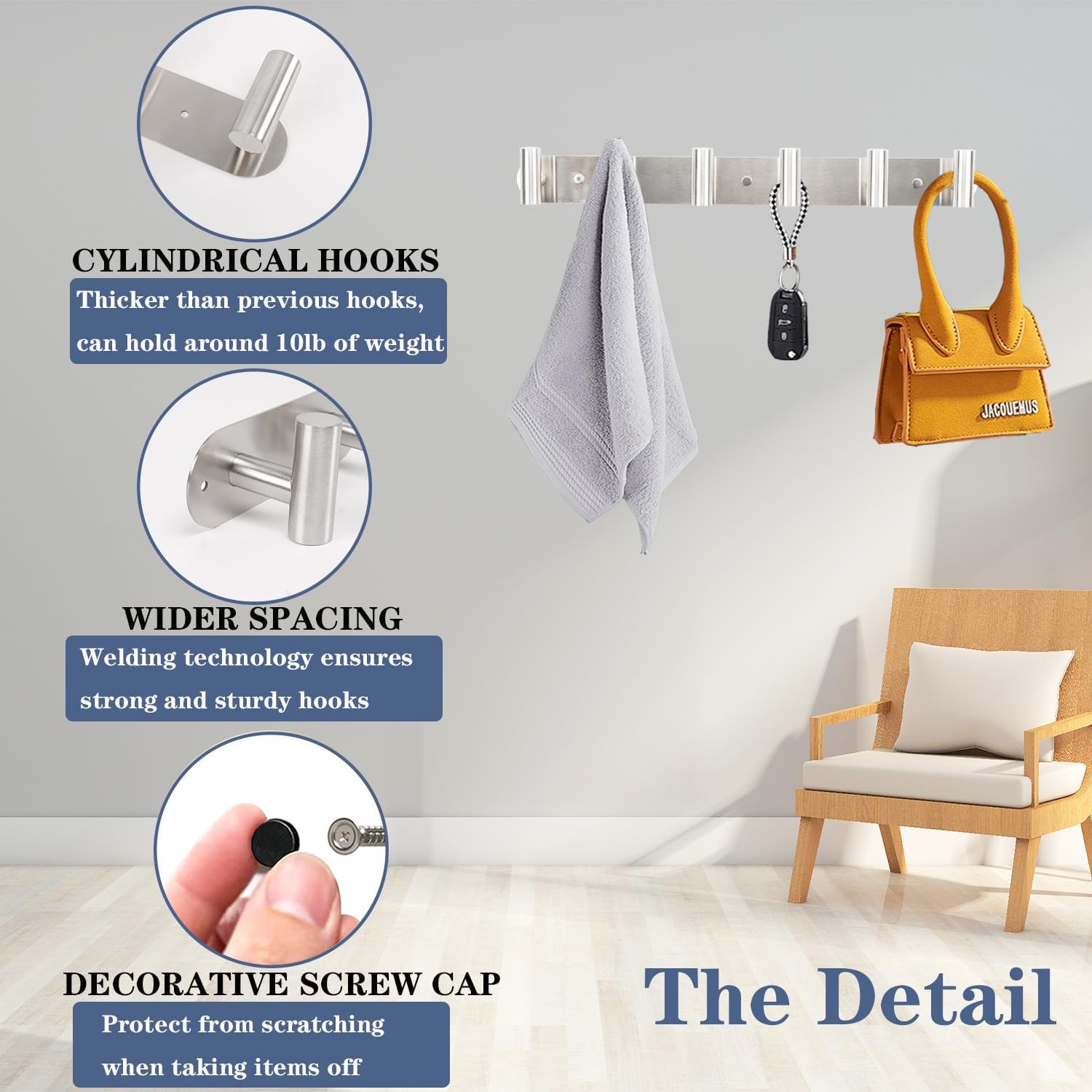 Coat Hook Rack, Wall Mounted Rack with 4 Hooks, Heavy Duty Towel Rack Wall Hooks for Hanging Jacket, Stainless Steel