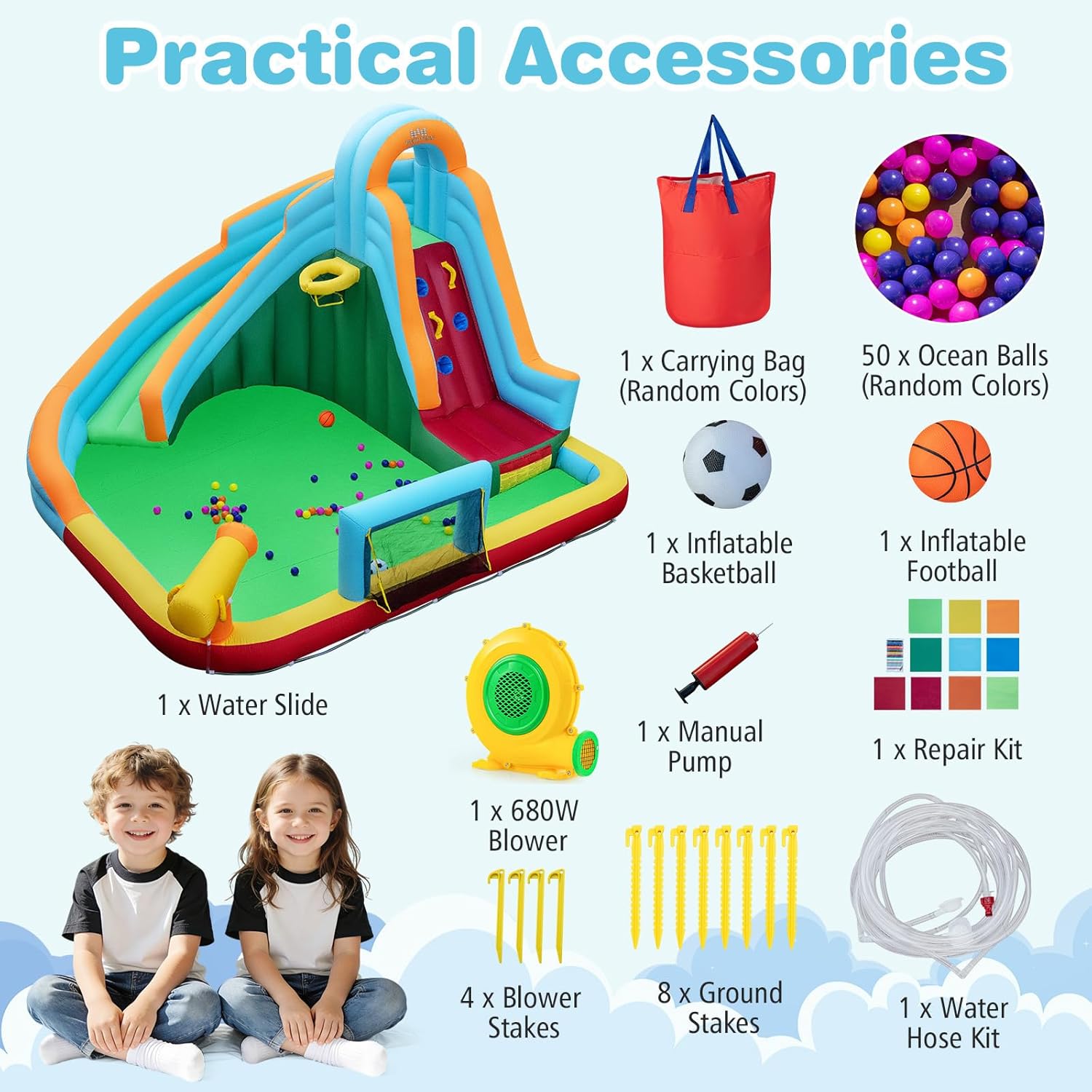 Inflatable Water Slide for Kids, 6 in 1 Kids Water Park for Backyard w/680w Blower, Long Slide, Splash Pool, Soccer