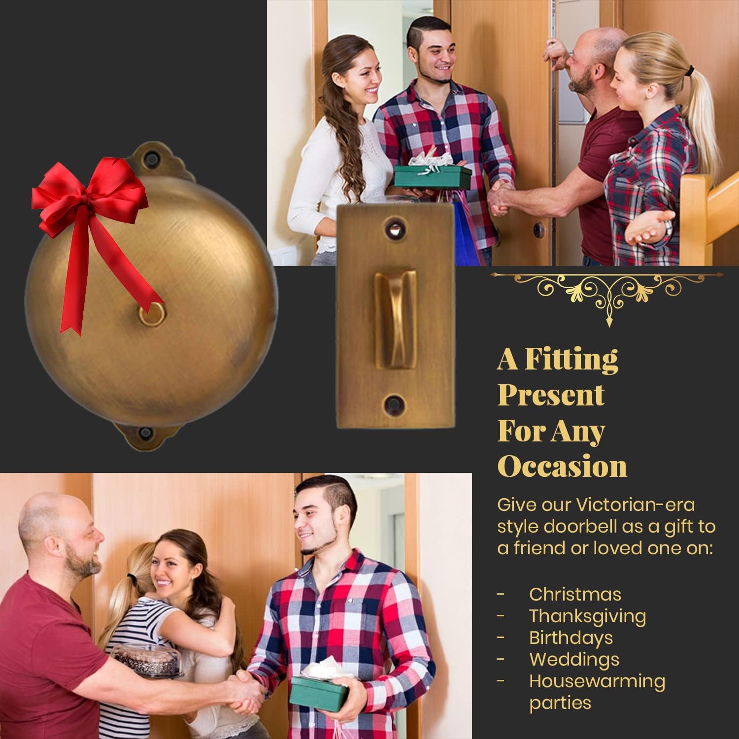 Mechanical Doorbell, Solid Brass, Antique Brass Finish | 2 6/7 x 1 3/5" Exterior Plate, 4 3/5 x 3 1/3" Wireless