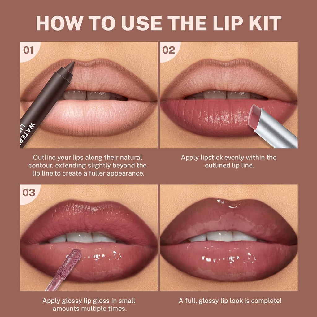 3PCS Lip Combo Set, Brown Matte Lip Liner + Hydrating Tinted Lip Balm + Plum Cherry Juicy Lip Gloss Tint, High-Shine