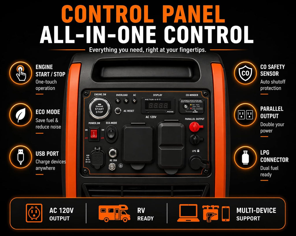 4800W Dual Fuel Inverter Generator, 30A RV Ready Remote Start | Gasoline or propane, 3800W gas running power