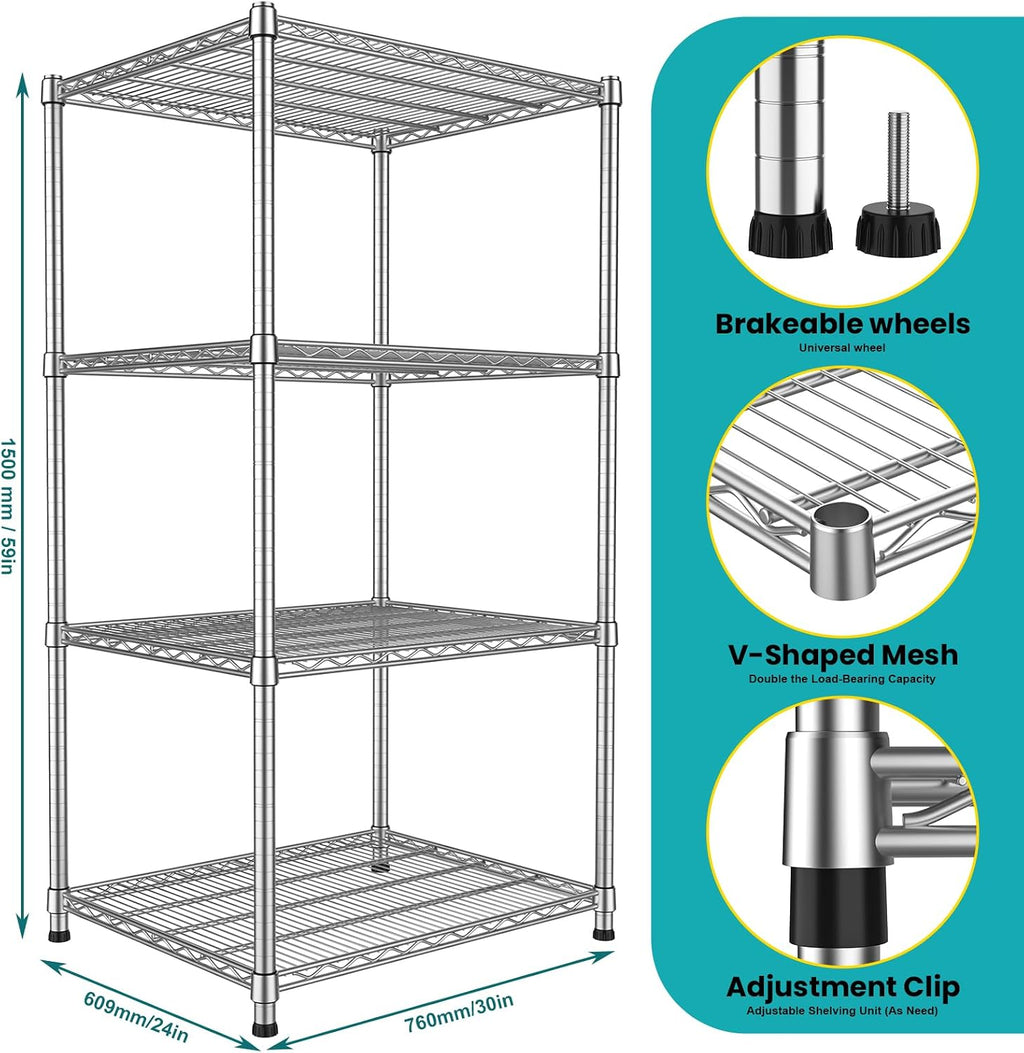 24"Depth Metal Wire Shelving Unit Metal Shelf Adjustable Storage Rack Kitchen Storage shelves 4 Tier Commercial