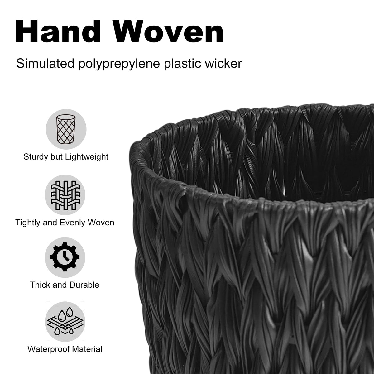 Wicker Trash Can, Small Bahtroom Waste Basket, 2 Gallon, Black