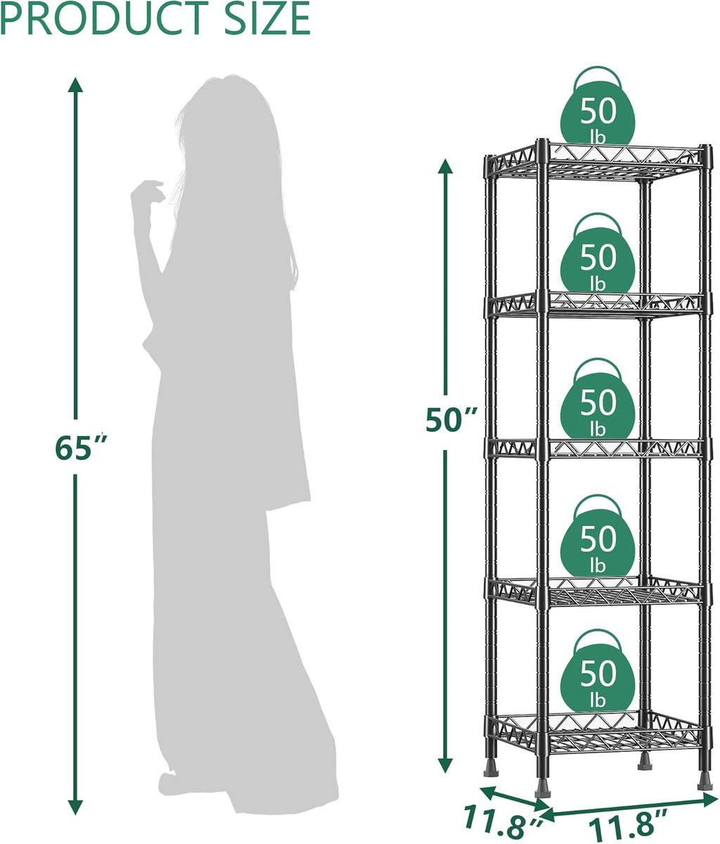 5 Tier Standing Shelving Metal Units, Adjustable Height Wire Shelf Display Rack for Laundry Bathroom Kitchen 11.8 W x