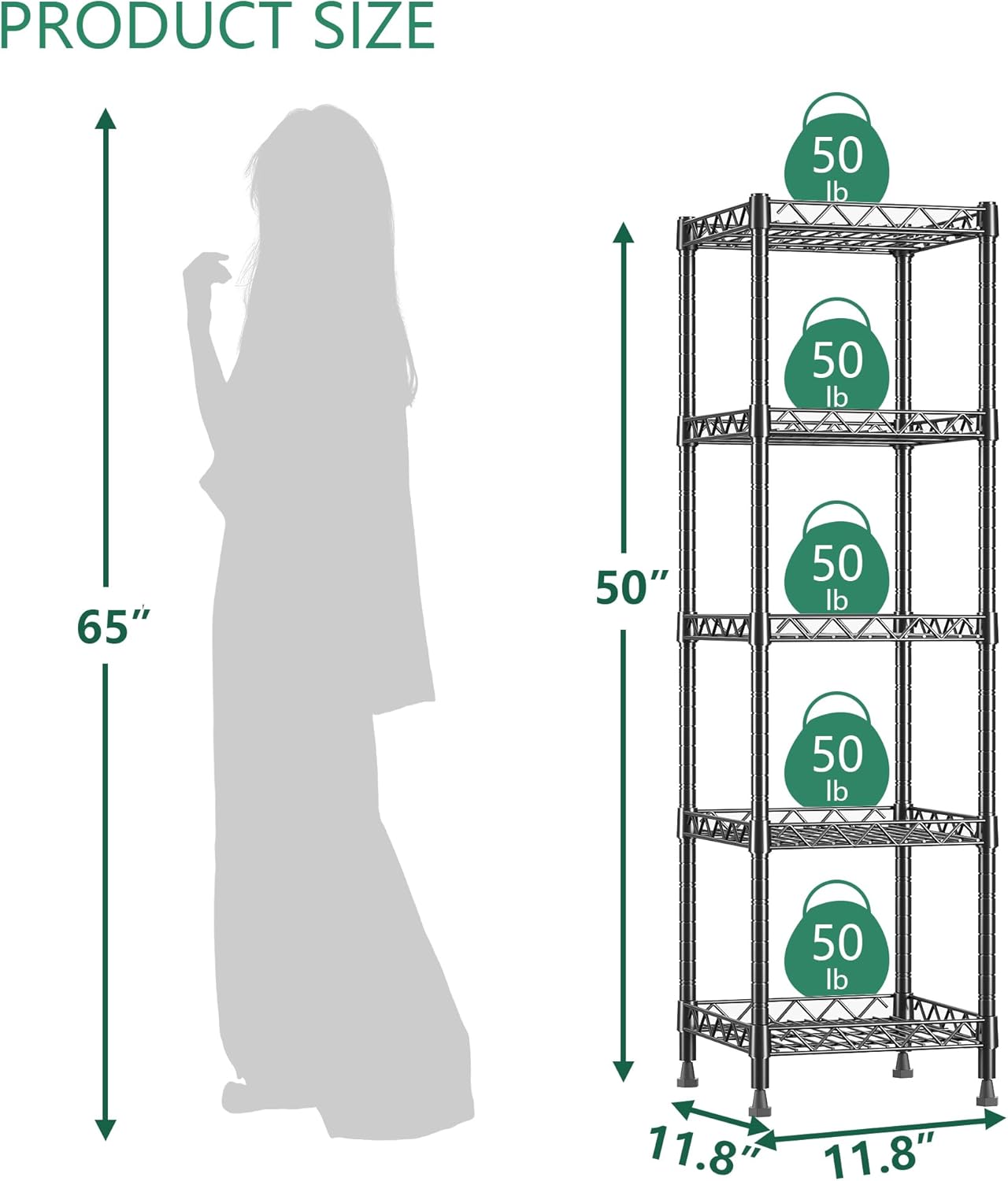 5 Tier Standing Shelving Metal Units, Adjustable Height Wire Shelf Display Rack for Laundry Bathroom Kitchen 11.8 W x