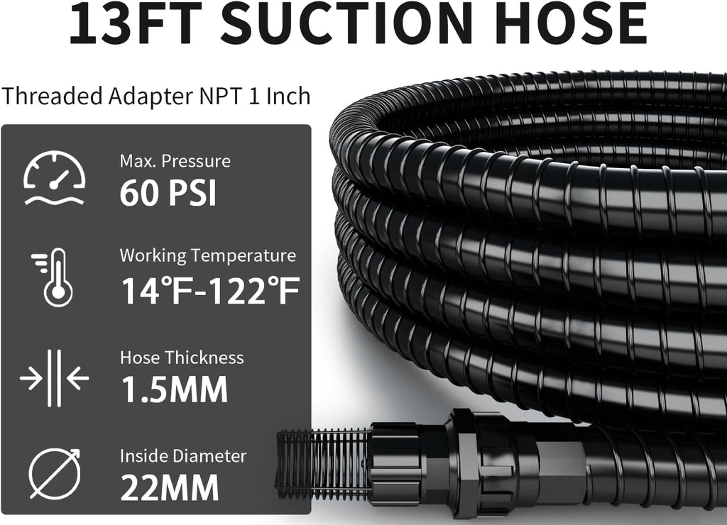 1" Suction Hose Kit with Check Valve, PVC Water Intake Hose Set, Flexible Tubing Easy to Install for Water Pump Well