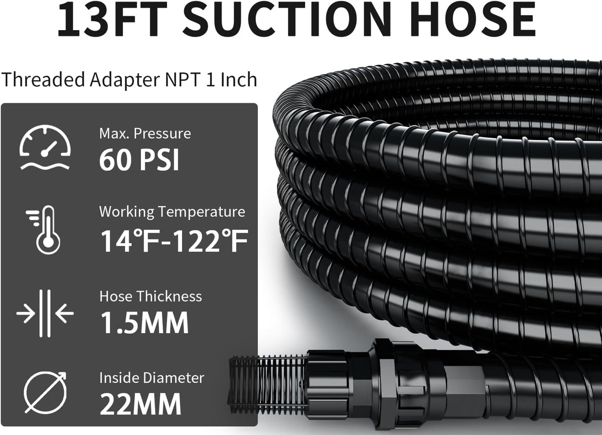 1" Suction Hose Kit with Check Valve, PVC Water Intake Hose Set, Flexible Tubing Easy to Install for Water Pump Well