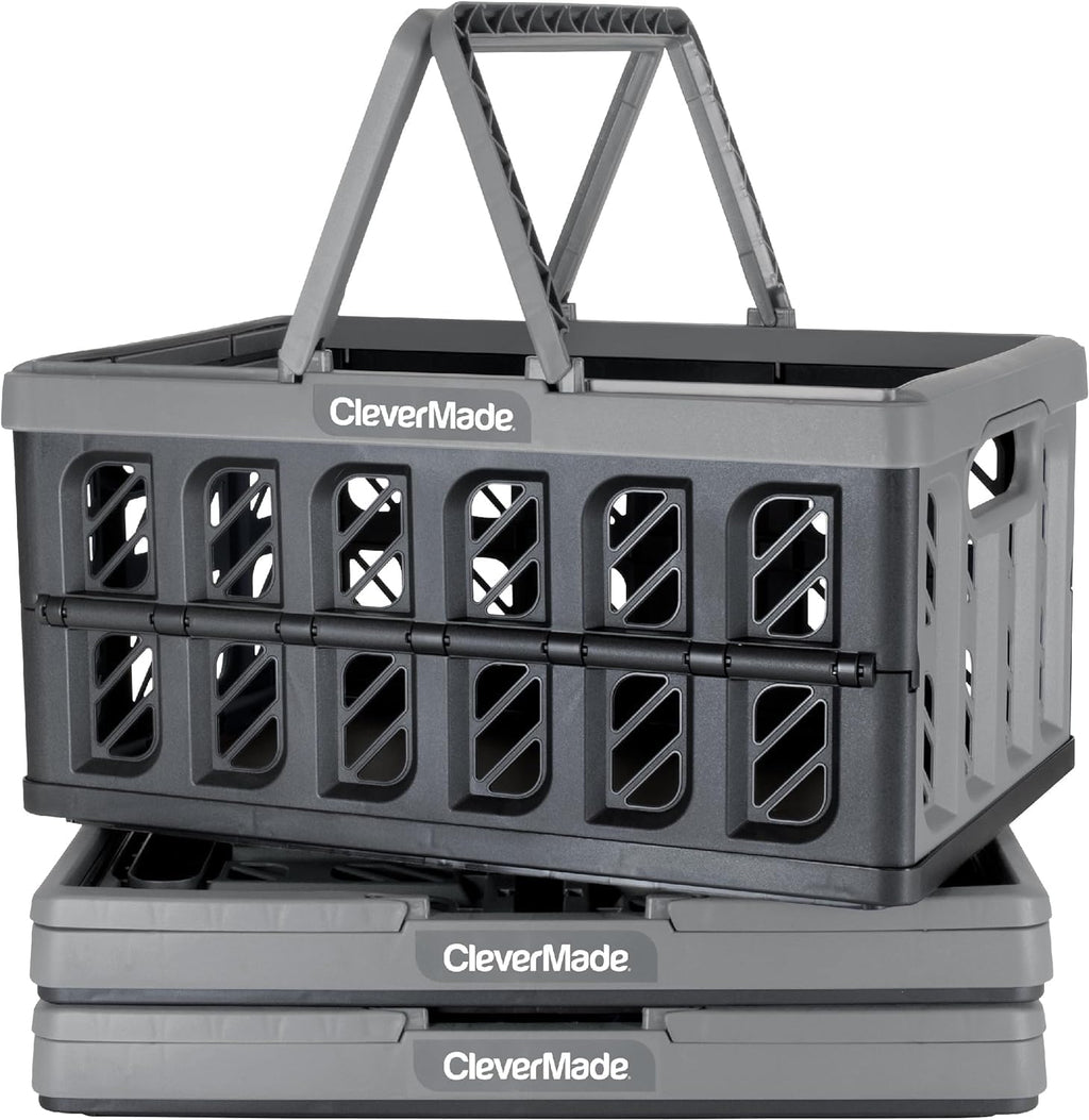 Eco Collapsible Shopping Basket with Handles, 24L Stone, 3 Pack | Keep Groceries Upright in the Car | Rigid Walls