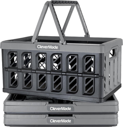 Eco Collapsible Shopping Basket with Handles, 24L Stone, 3 Pack | Keep Groceries Upright in the Car | Rigid Walls