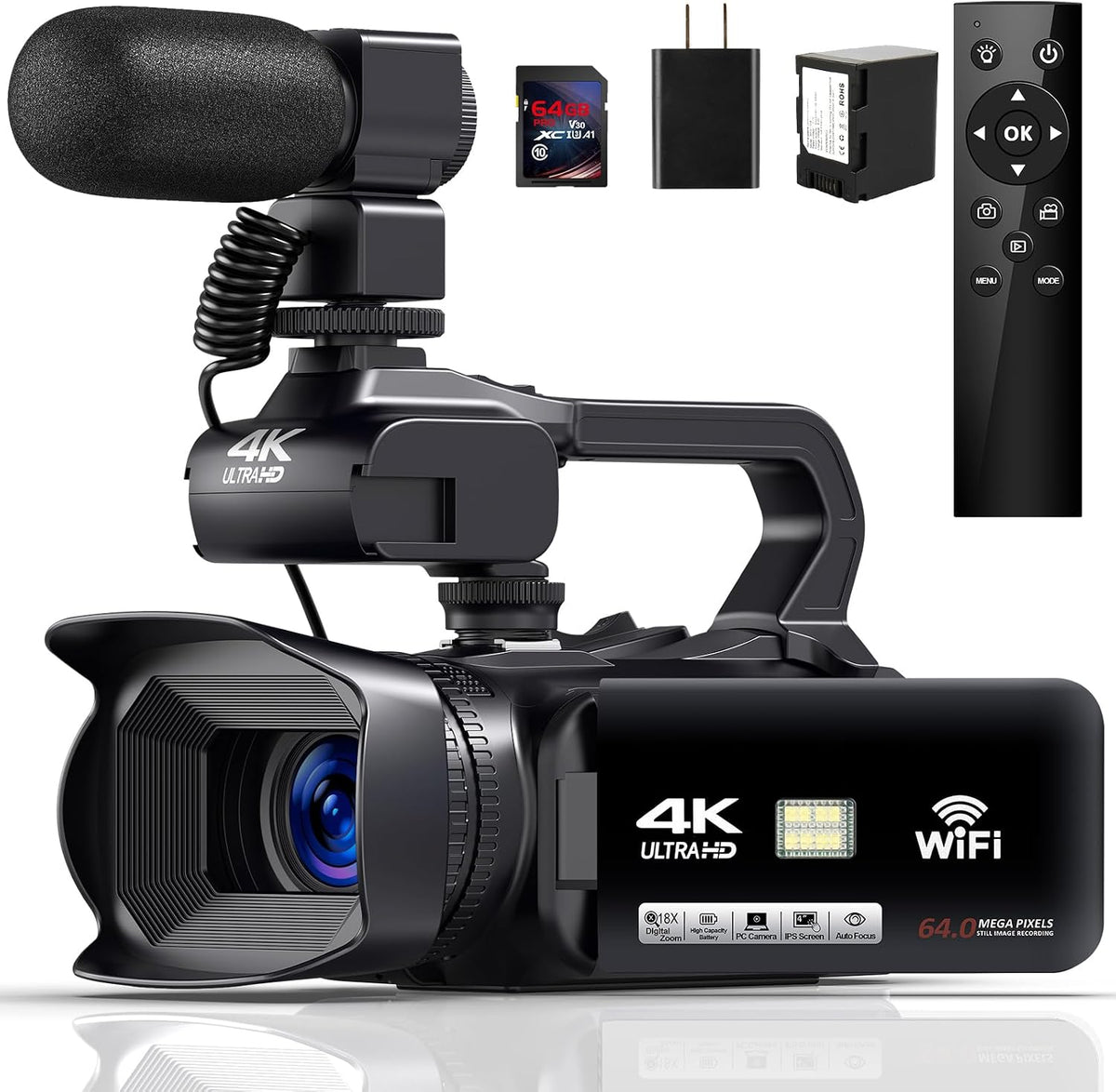 4K Video Camera Camcorder HD 64MP 18X Digital Zoom Vlogging Camera for YouTube Video Camera with WiFi, 4500mAh