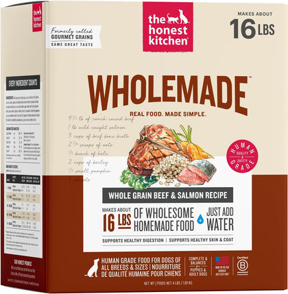 Wholemade Whole Grain Beef & Salmon Recipe, Human Grade Dehydrated Dog Food with Bone Broth, Dry or Wet Food Topper