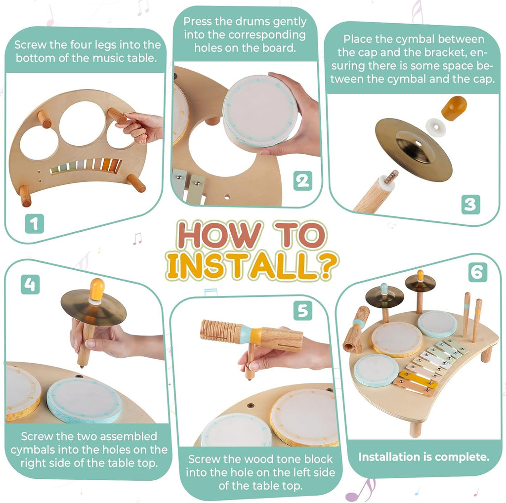 Kids Drum Set, Montessori Toys Wooden Musical Instruments for Baby Toddlers | Drum Kit with Cymbals & Xylophone