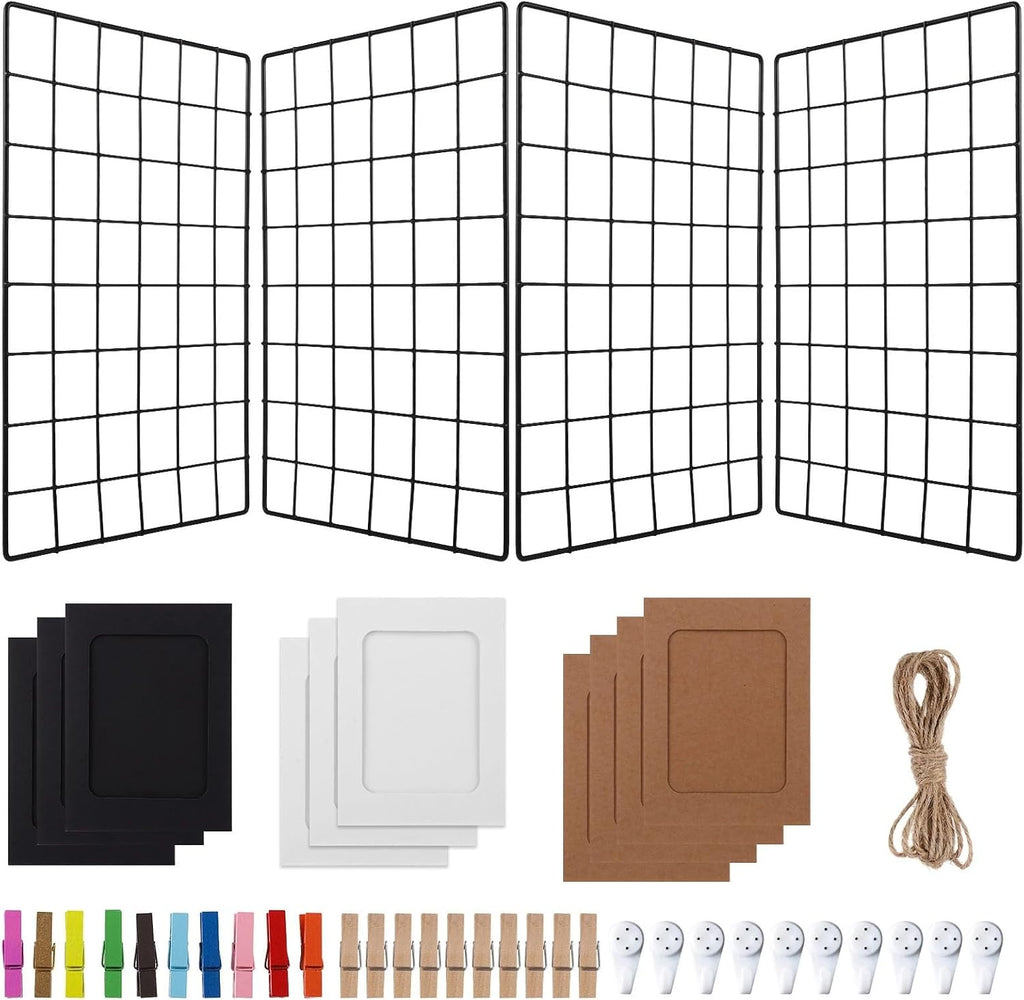 Wire Wall Grid Panel with Wall Grid Shelf with Photo Frames for Photo Display, Metal Mesh Message Board Memo Boards