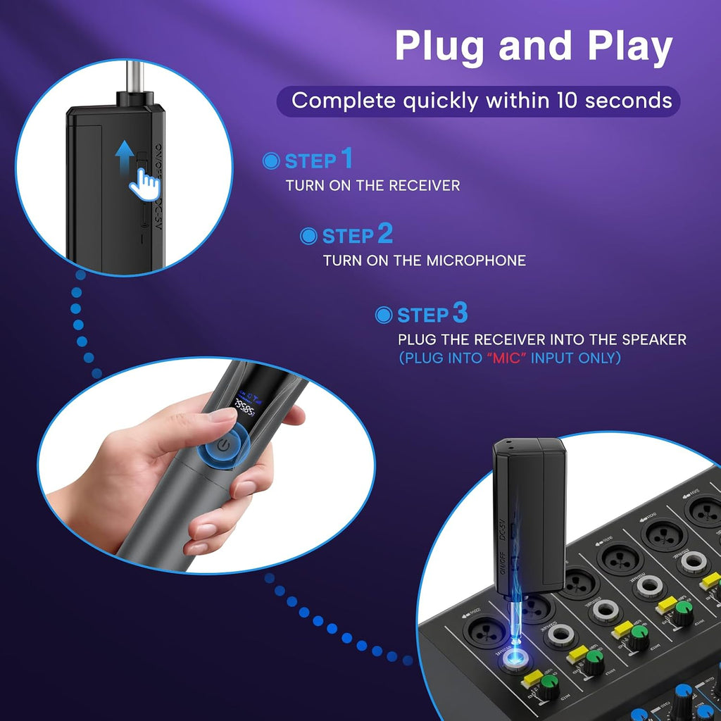 Wireless Microphone,Professional Dual Handheld Cordless Dynamic Mic System with Rechargeable Receiver,Plug &