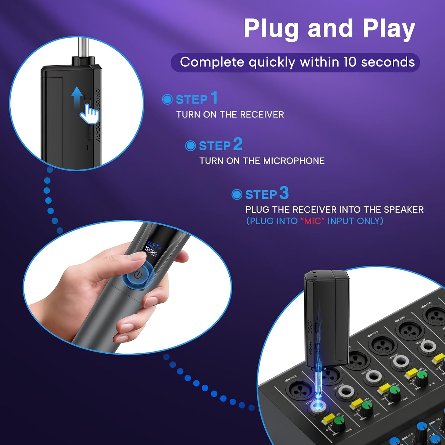 Wireless Microphone,Professional Dual Handheld Cordless Dynamic Mic System with Rechargeable Receiver,Plug &
