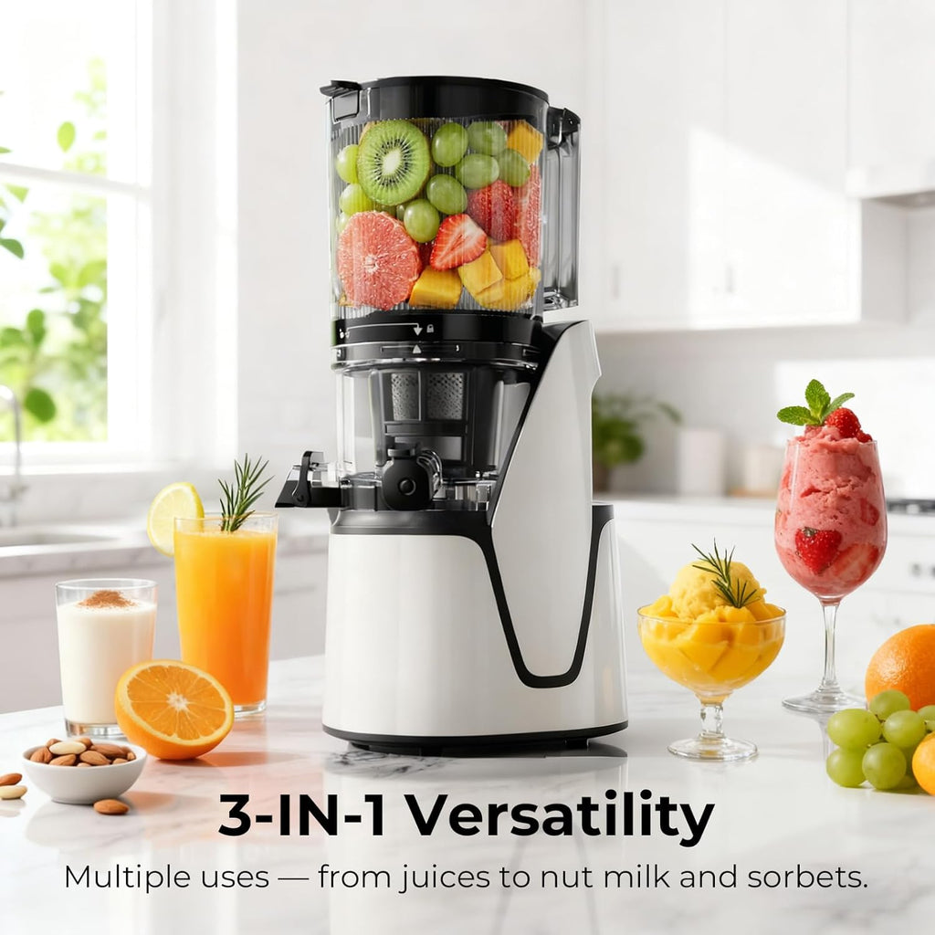 Juicer Machines, 3-in-1 Cold Press Juicer, Bright White | Makes Juice, Nut Milk & Sorbet, 6.5" Extra Large Chute