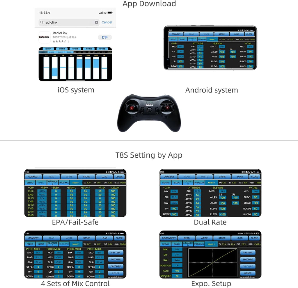 T8S 8 Channels 2.4G Pocket RC Transmitter and R8EF RX for Car | Dual Sticks Return APP Setting Portable Radio