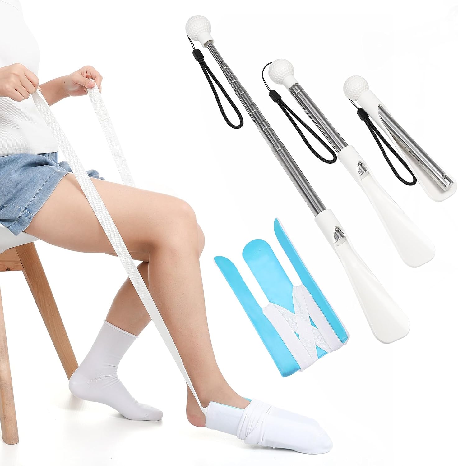 Sock Aid Kit -Sock Aide Device for Seniors with Adjustable Shoe Horn, Flexible Sock Helper Easy On Easy Off, Sock