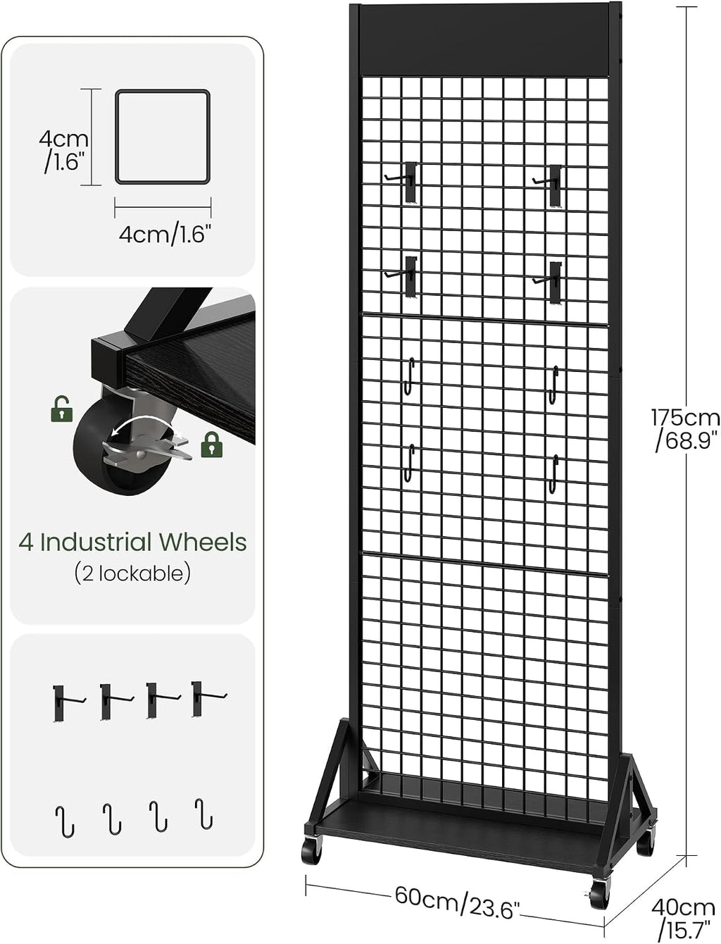 Grid Wall Panel, 2’ x 5.7’ Ft Floor Standing Gridwall Display Rack, Retail Display Stand, with 4 S-Shaped Hooks and 4