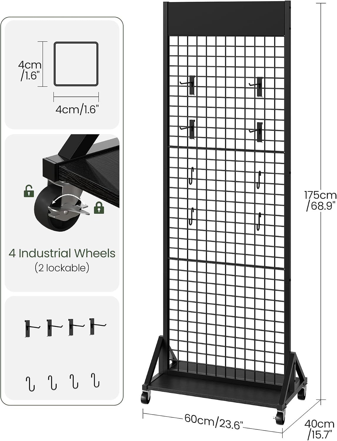 Grid Wall Panel, 2’ x 5.7’ Ft Floor Standing Gridwall Display Rack, Retail Display Stand, with 4 S-Shaped Hooks and 4
