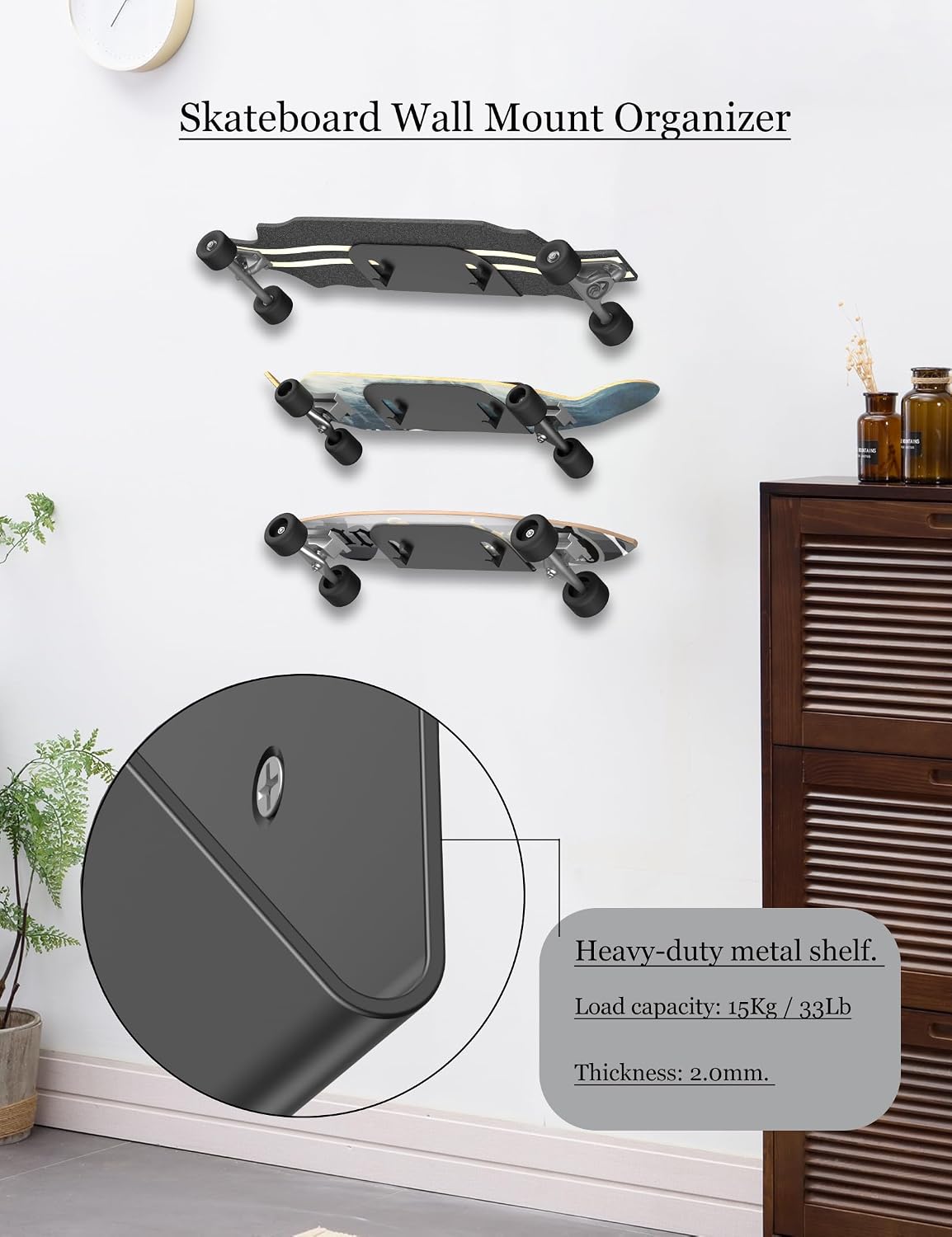 Wall Mount Holder for Skateboard/Snowboard/Longboard, Skate Deck Wall Mount Fit for Scooters/Skis Wall Hanger