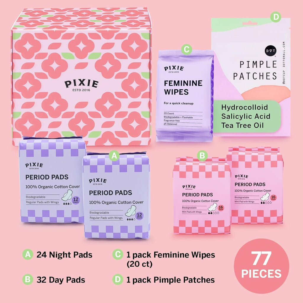 Pixie Period Starter Pads for Teen Girls - Organic Cotton 56ct - Designed for Tweens & Smaller Underwear - Leak-Proof