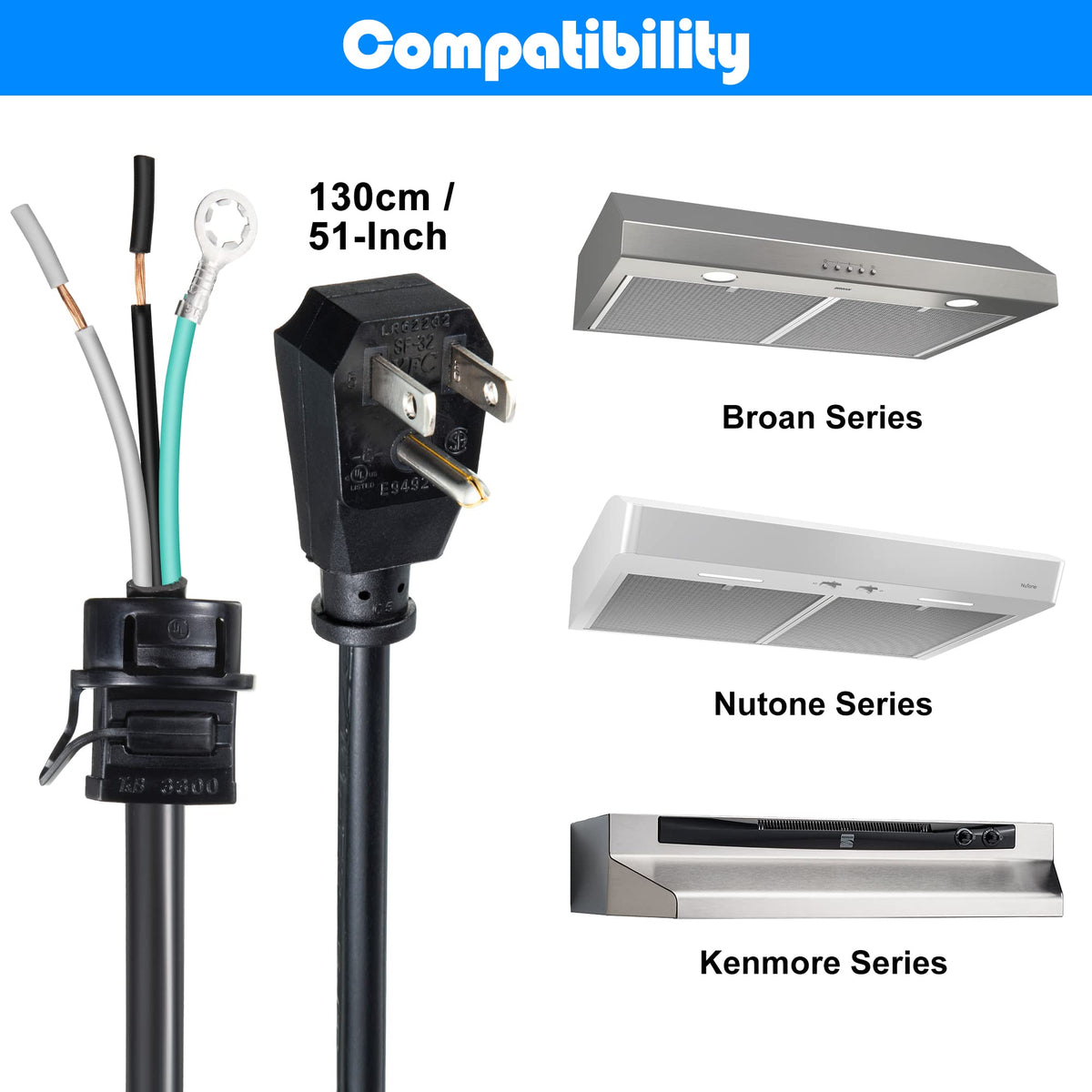 Dreyoo HCK44 Range Hood Power Cord Kit, Convert Your Range Hood to Plug in