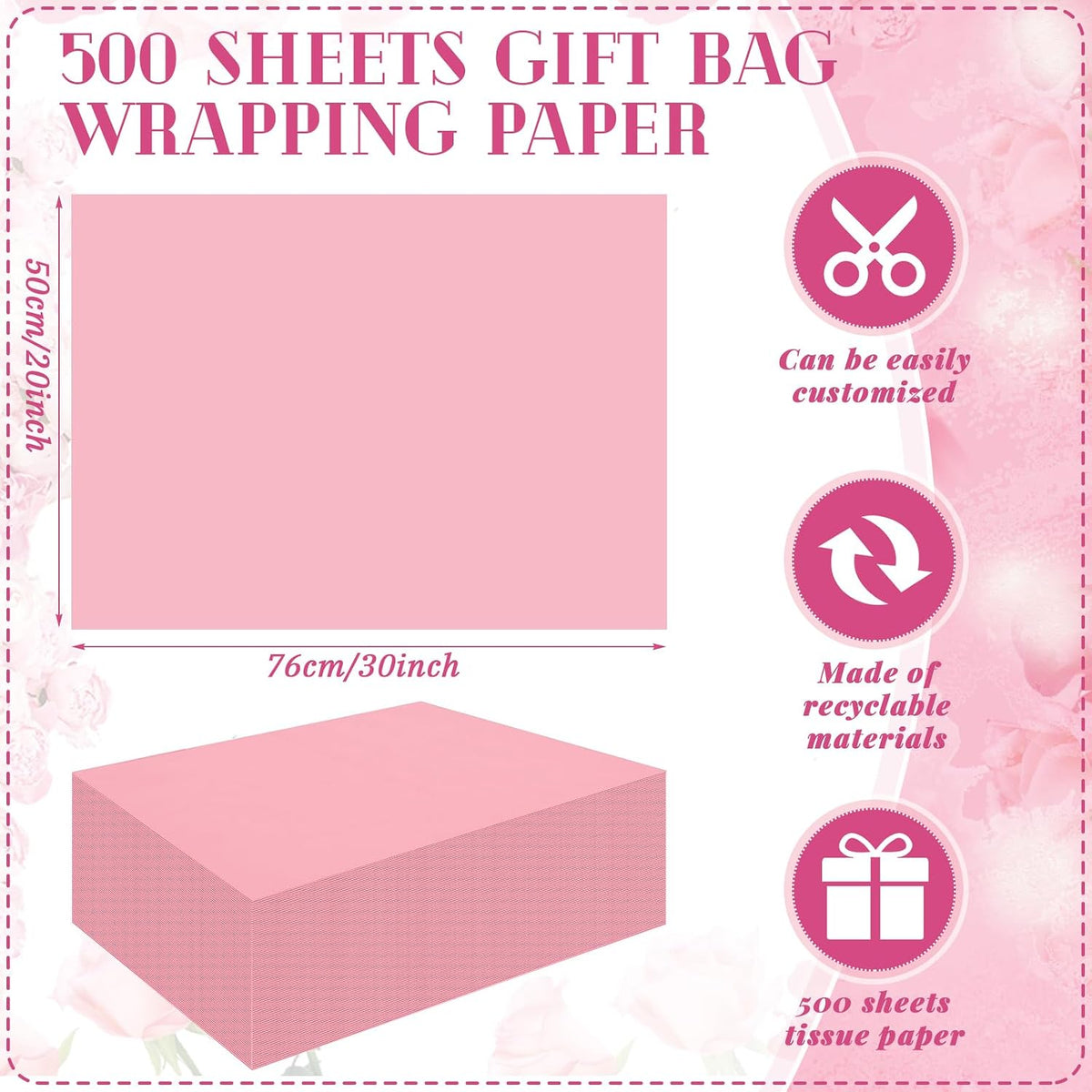500 Sheets Light Pink Tissue Paper 20 x 30 Inch for Fall Floral Packaging