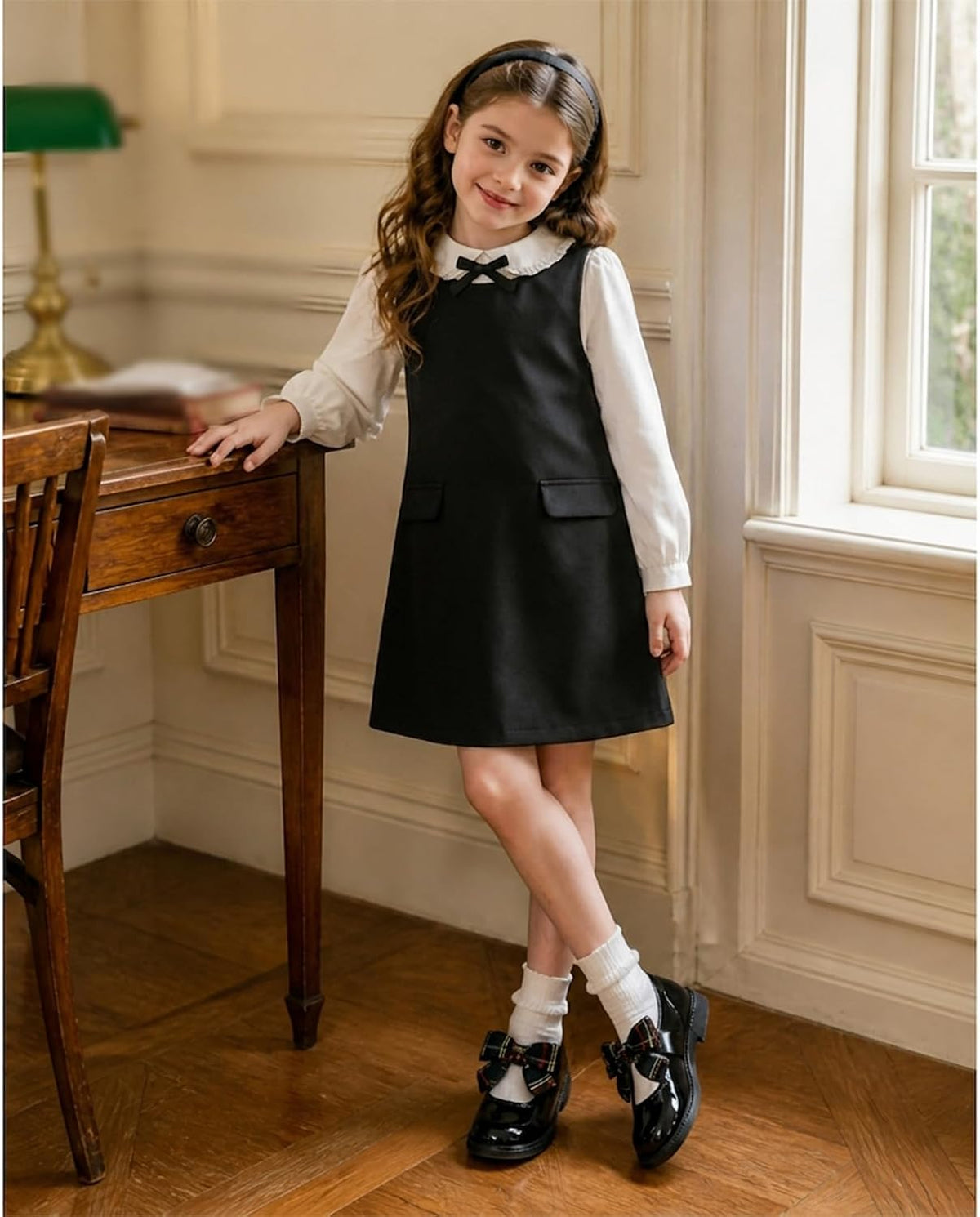 Girls Black Mary Jane Dress Shoes School Shoes | Bow Soft Insole Hook‑and‑Loop Strap Flats for Toddler Little & Big Girl
