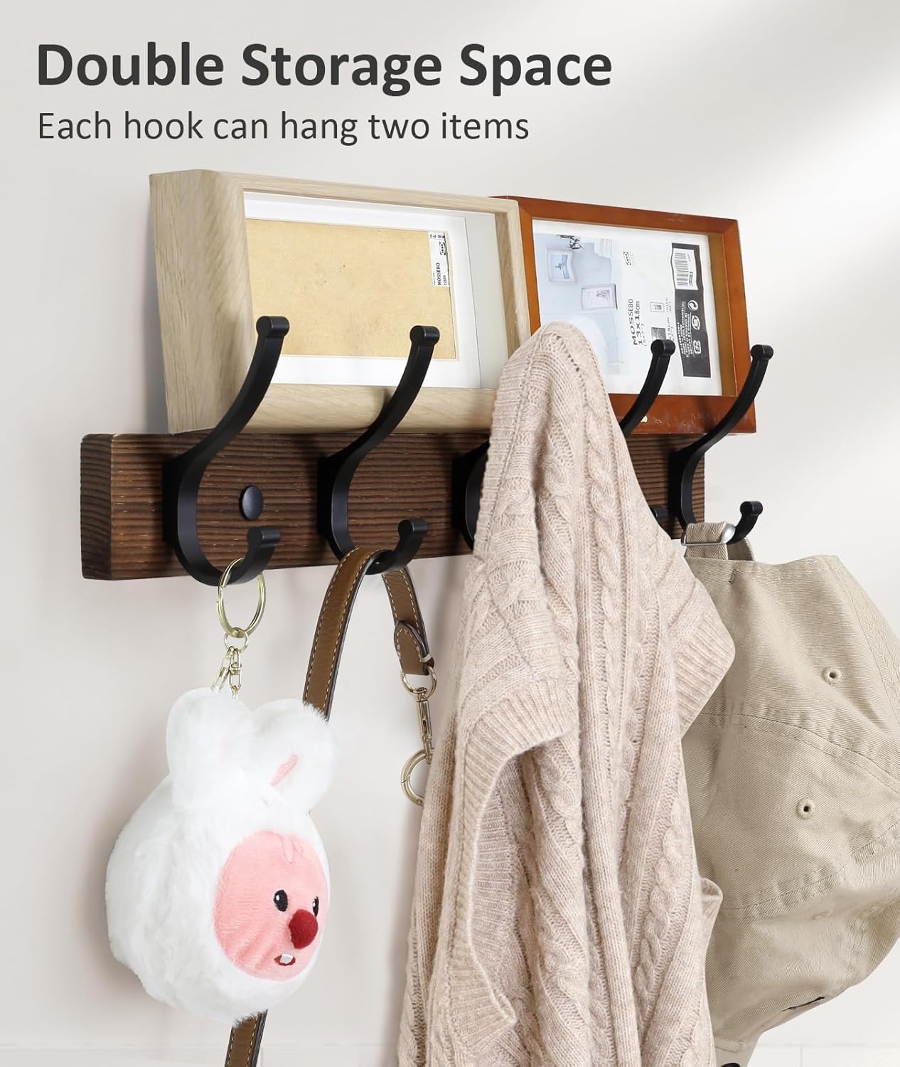 Coat Rack Wall Mount, 16.5 Inches Wood Coat Hooks, Wall Hooks for Hanging, Hat Rack Bag Hanger Key Holder for Wall