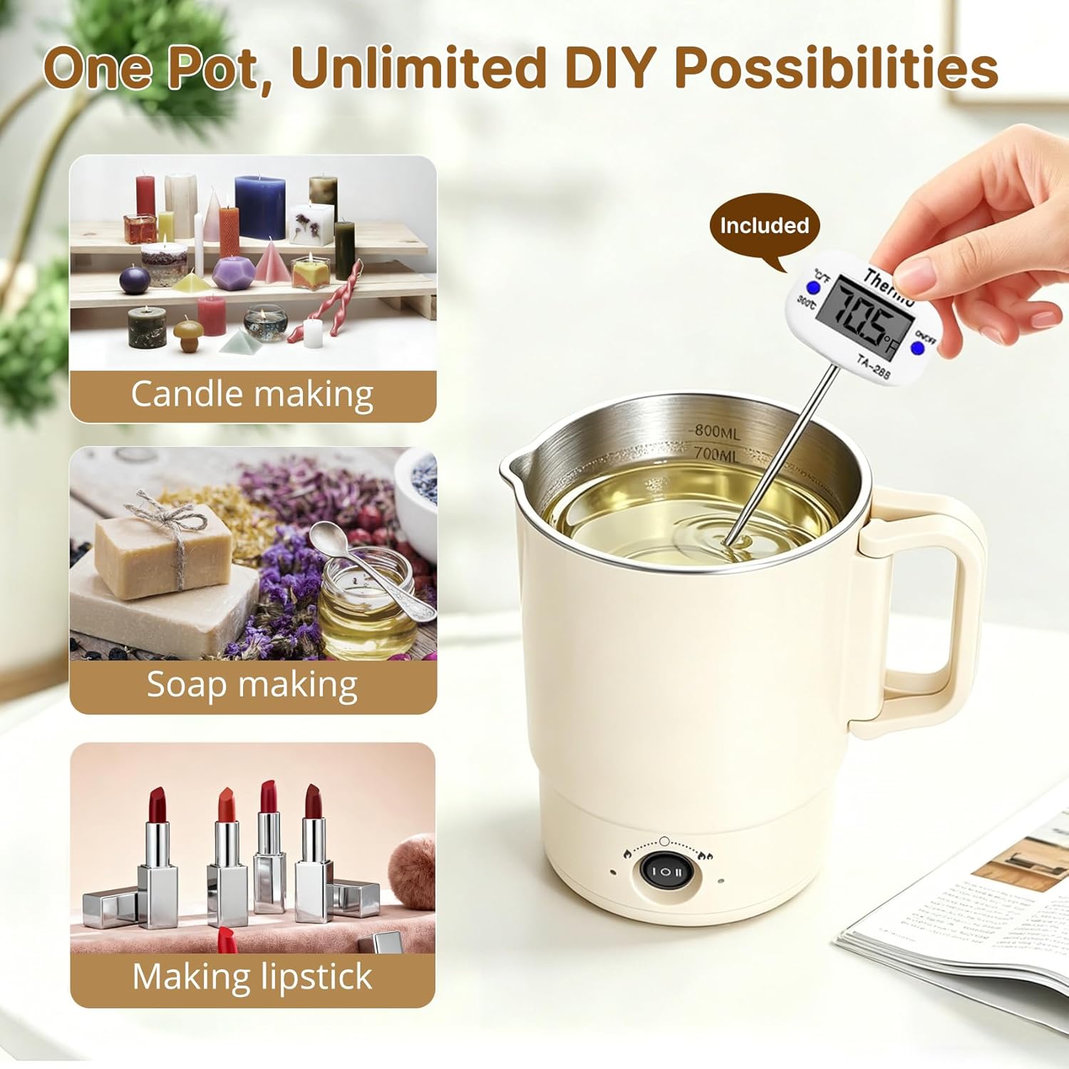 27 OZ Candle Making Supplies Kit with Wax Melting Pot for DIY Soap Making | with Thermometer and Pouring Spout