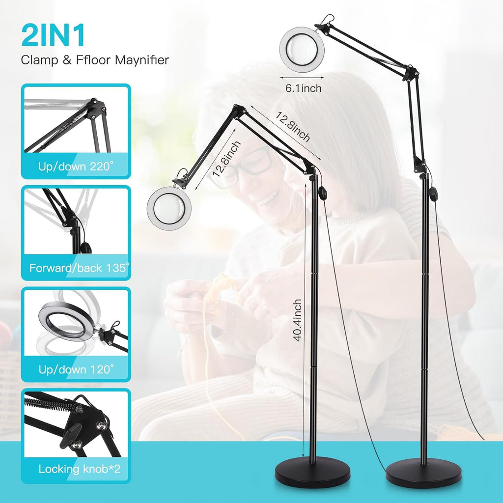10X Magnifying Floor Lamp, 3-in-1 Hands Free Magnifying Glass with Light and Stand, 2 Color Modes with Clamp for