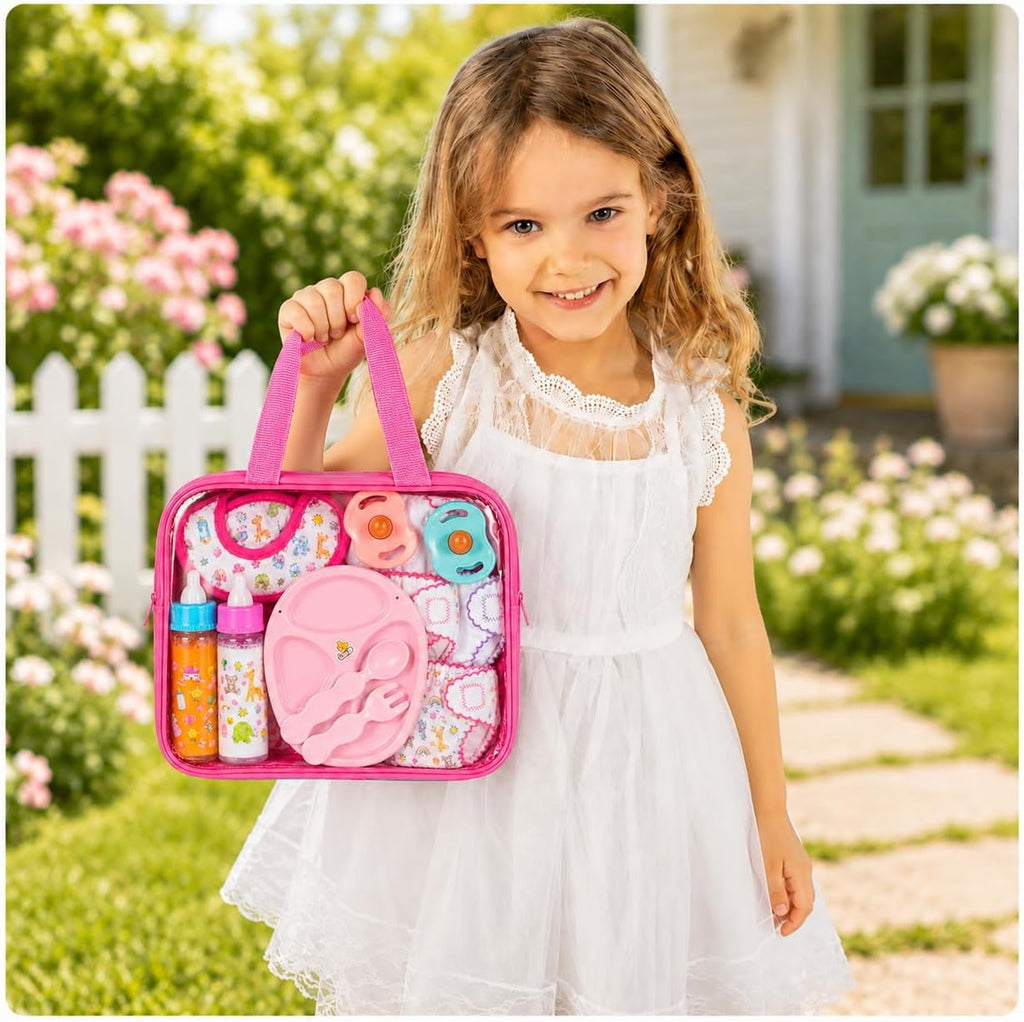 My Sweet Baby 13-Piece Doll Feeding & Diaper Bag Set – Disappearing Milk Bottles, Bibs, Pacifiers, Diapers &