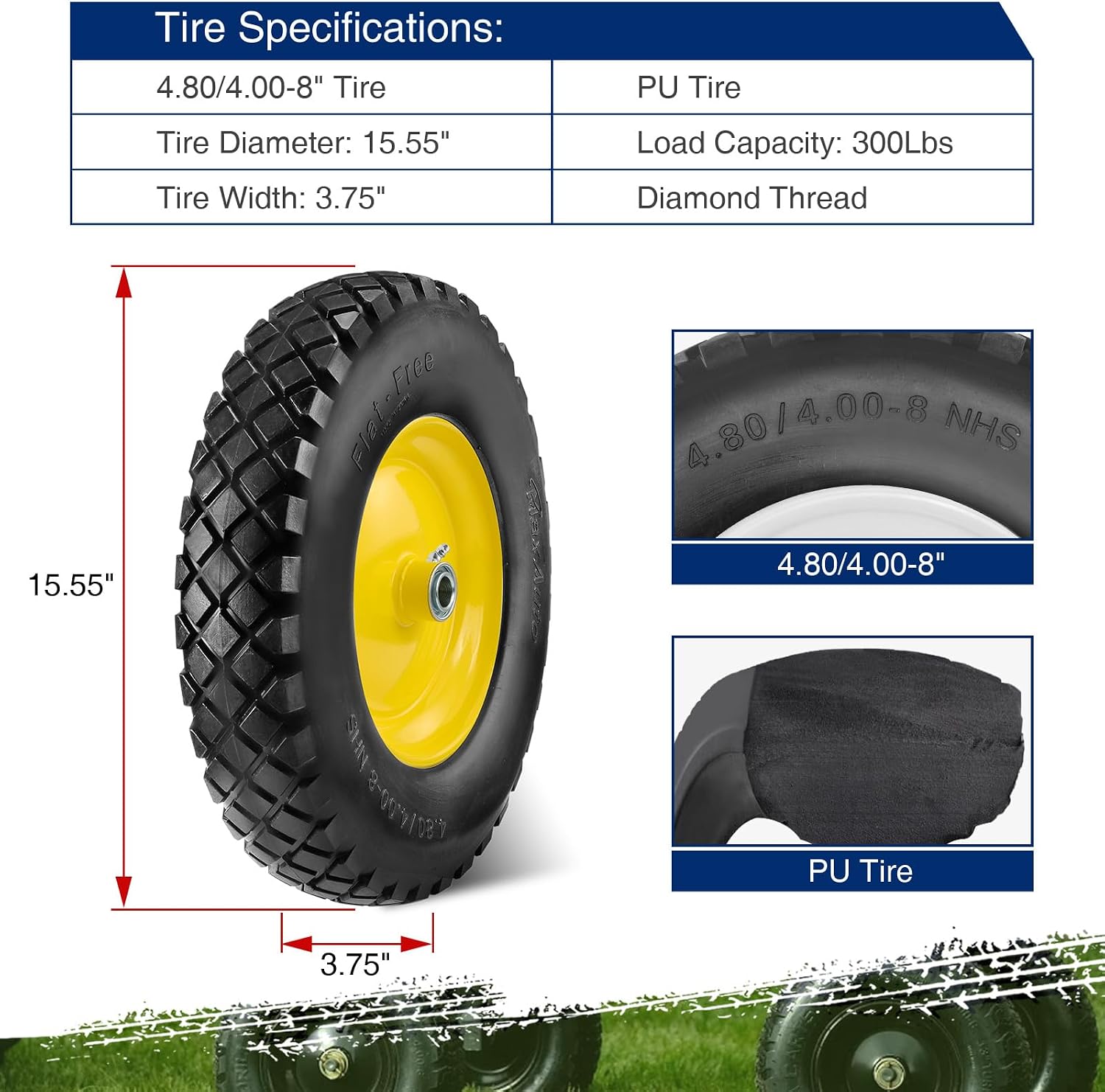 4.80 4.00-8 Wheelbarrow Tires 4.80/4.00-8 Flat-Free Tire and Wheel 16 Inch Solid Tires w/Grease Fitting, 3" Centered