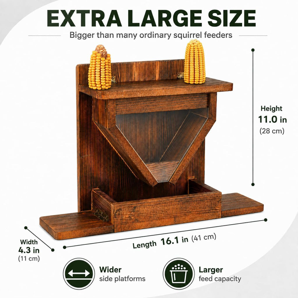 Large Wooden Squirrel Feeder Box for Outside, Window, Corn Holder, Platform