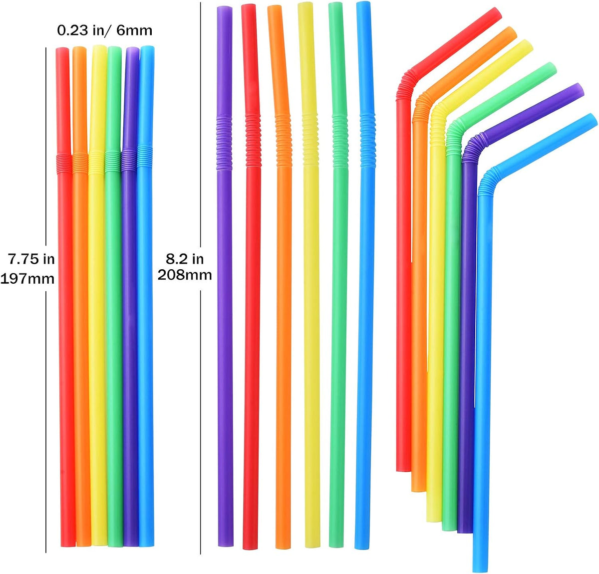 200-Pack Flexible Drinking Straws, Assorted Colors Plastic Disposable Bendy Straws - 7.75" x 0.23"