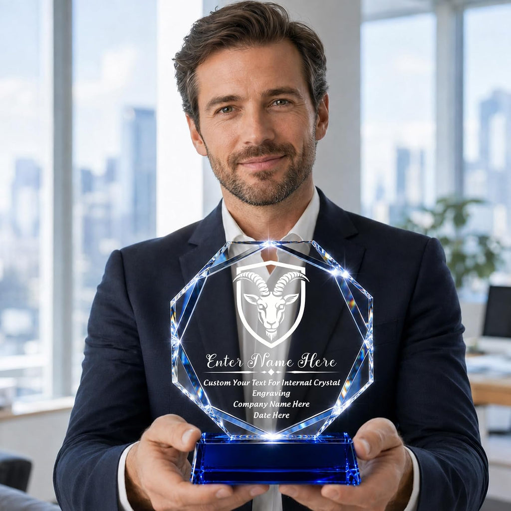 Customizable Crystal Award Trophy with Company Logo Text & Employee Name