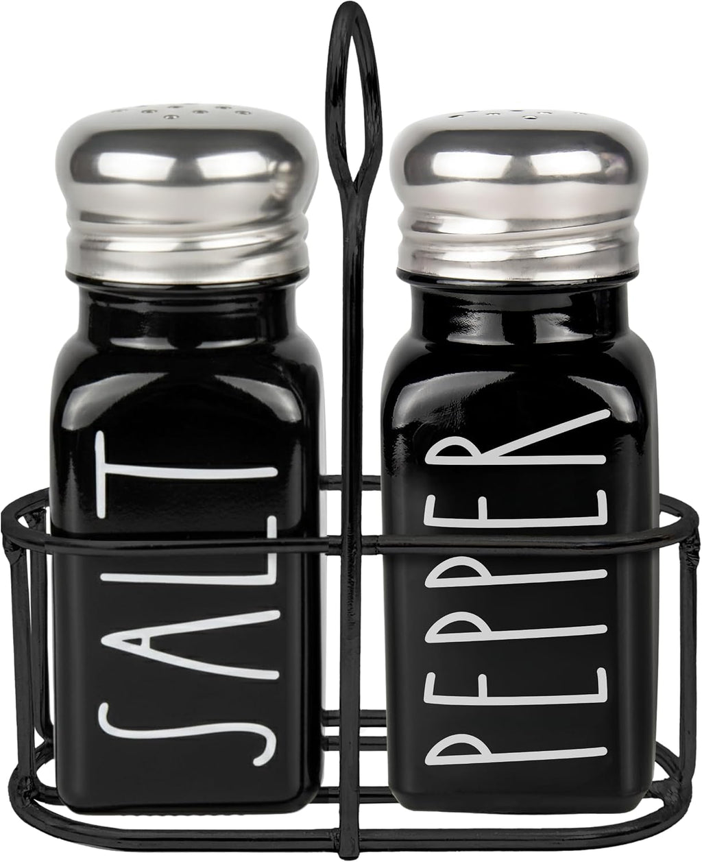 Black Salt and Pepper Shakers Set with Holder by Brighter Barns - Cute Salt Shaker with Caddy - Farmhouse Kitchen