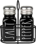 Black Salt and Pepper Shakers Set with Holder by Brighter Barns - Cute Salt Shaker with Caddy - Farmhouse Kitchen